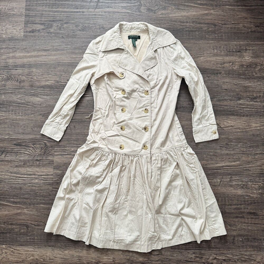 Lauren Ralph Lauren Trench Coat Dress Womens 6 Ivory Drop Waist Cotton Stretch